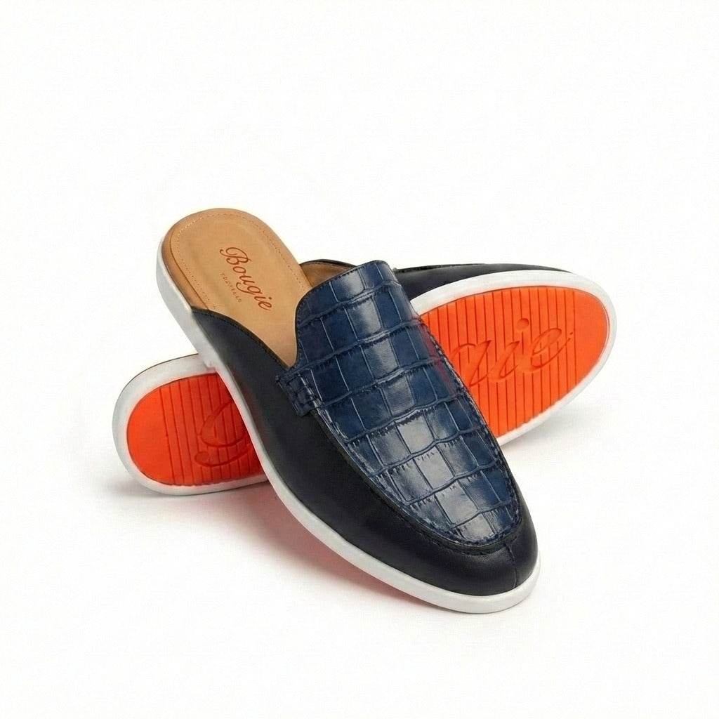 BOUGIES SLIPPERS – THREE PANEL NAVY BLUE PEBBLED SOFT SKIN ON NAVY BLUE CROCO EMBOSSED