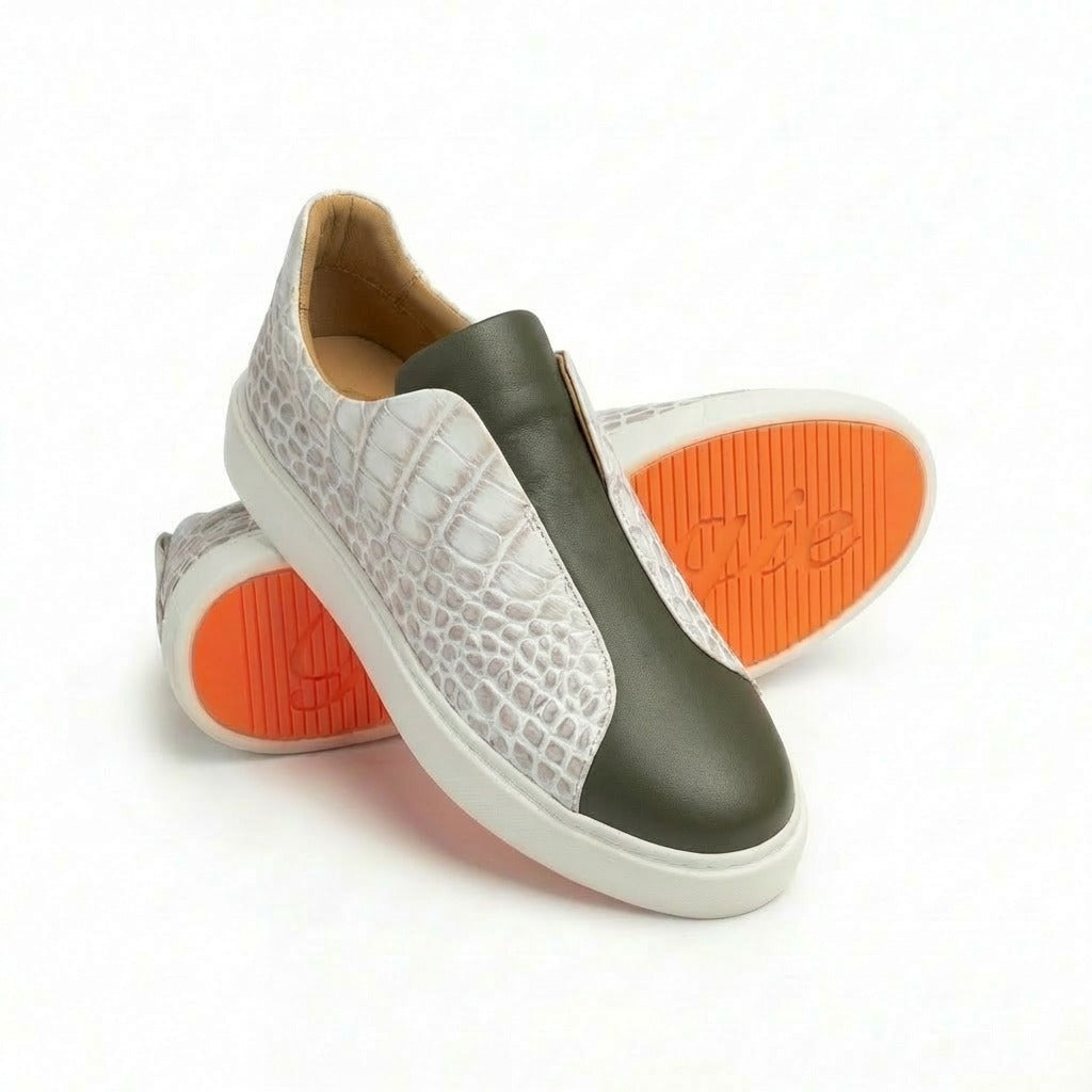 BOUGIES SNEAKER - HIMALAYAN CROCO EMBOSSED ON OLIVE GREEN DEER SKIN