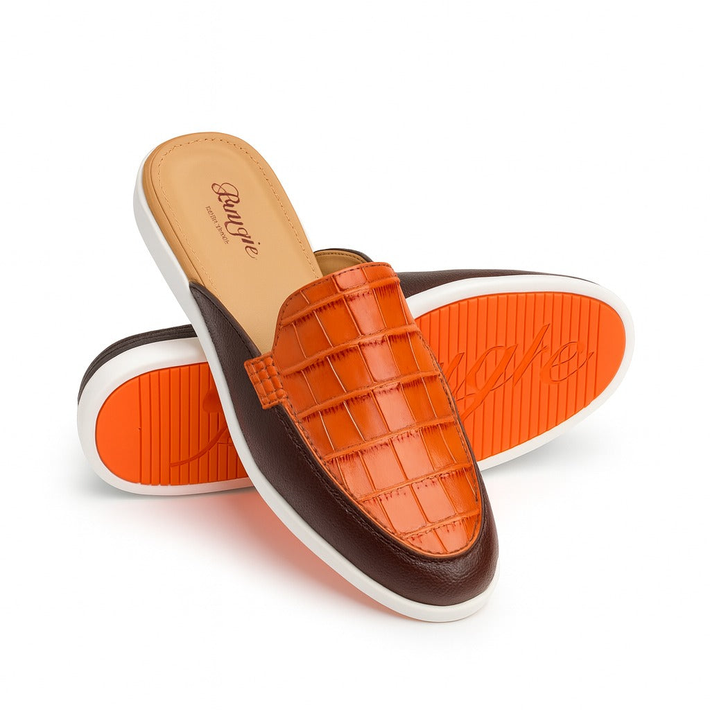 BOUGIES SLIPPERS – THREE PANEL BROWN PEBBLED SOFT SKIN ON BLOOD ORANGE CROCO EMBOSSED