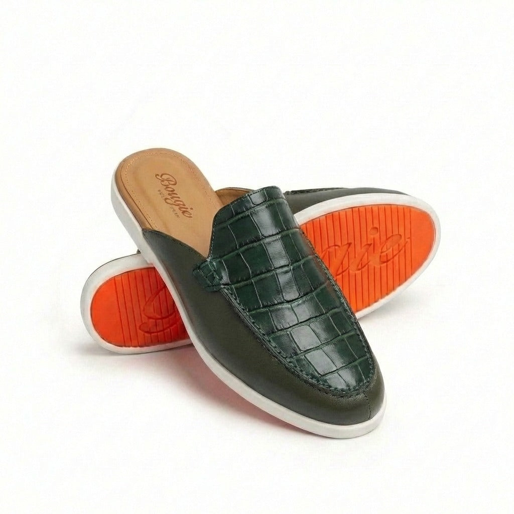 BOUGIES SLIPPERS – THREE PANEL DEER SKIN OLIVE ON CROCO EMBOSSED GREEN