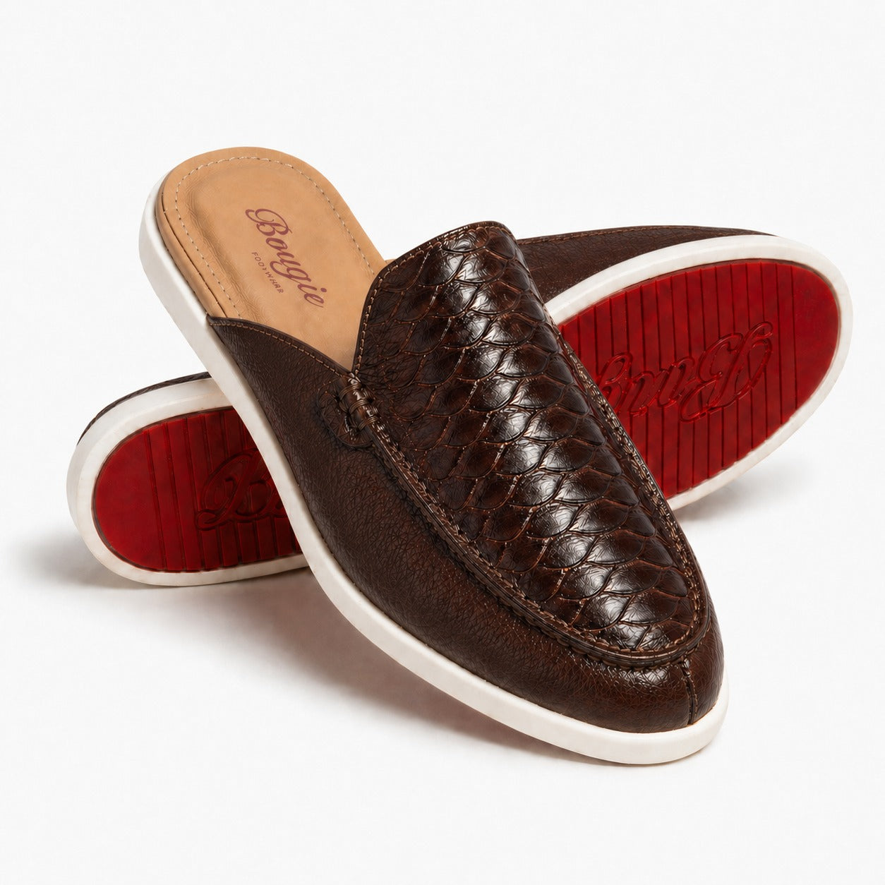 BOUGIES SLIPPER THREE PANEL BROWN EMBOSSED PYTHON ON BROWN DEER SKIN