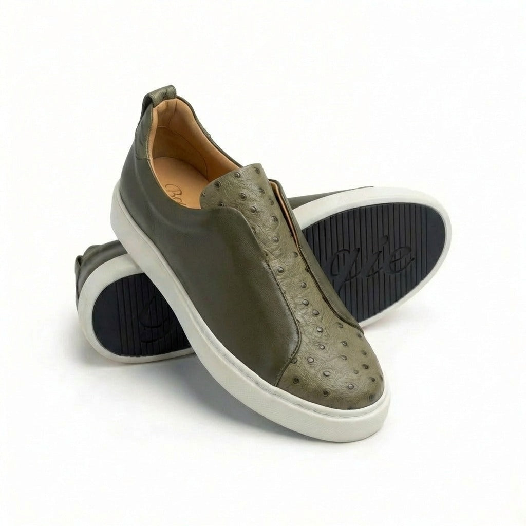 BOUGIES SNEAKERS ARMY GREEN DEER SKIN ON LIGHT GREEN EMBOSSED OSTRICH