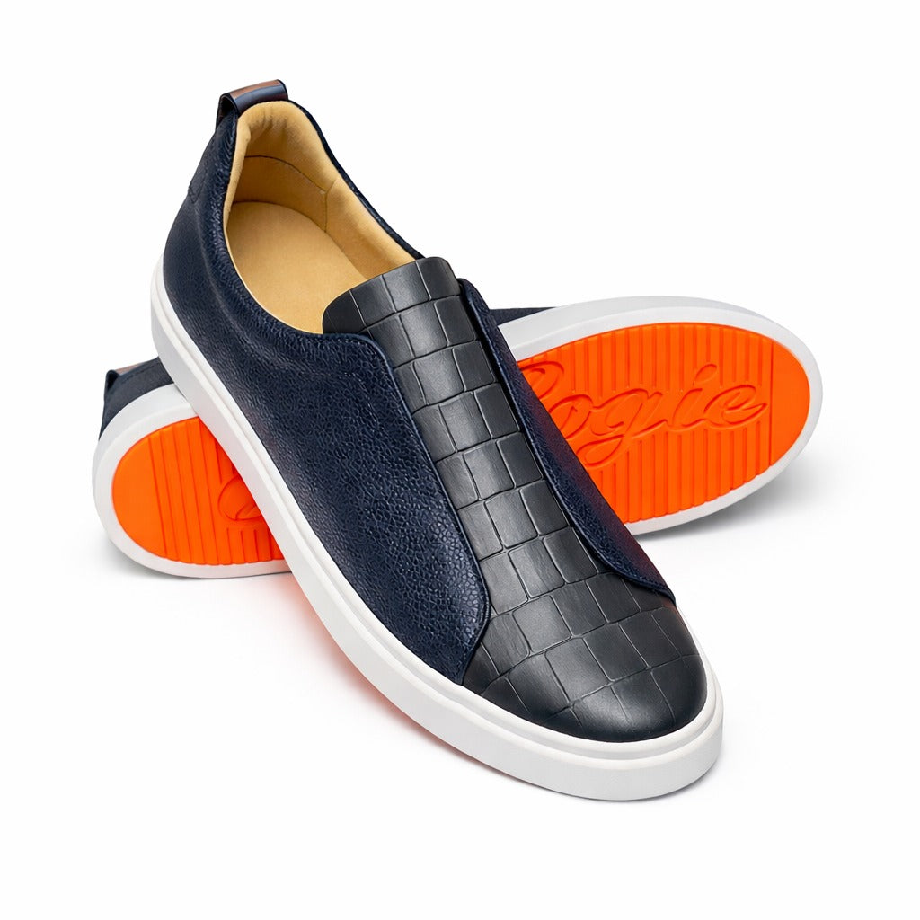 BOUGIES SNEAKER - SOFT PEBBLED SKIN NAVY BLUE ON GREY CROCO EMBOSSED