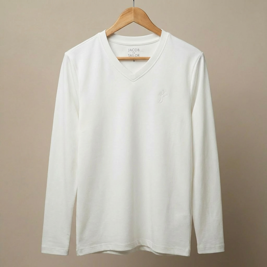 JACOB THE TAILOR - COOL FABRIC V NECK LONG SLEEVE T SHIRT - WHITE