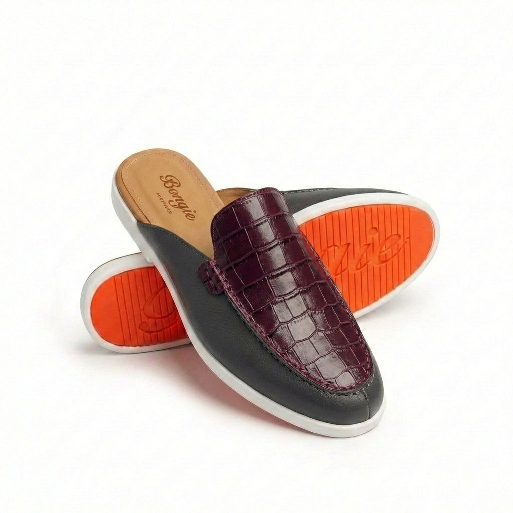 BOUGIES SLIPPERS – SOFT GREY LEATHER ON BURGENDY EMBOSSED CROCO