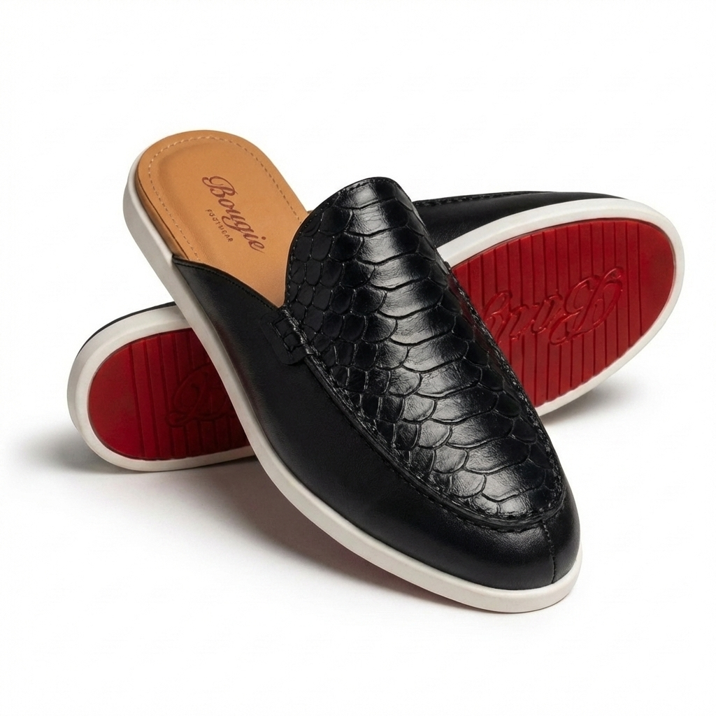 BOUGIES SLIPPER THREE PANEL BLACK PYTHON EMBOSSED ON BLACK DEER SKIN