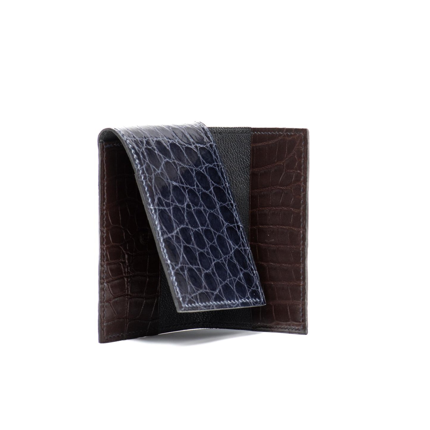 TRIFOLD CARD HOLDER - BLUE ON BROWN