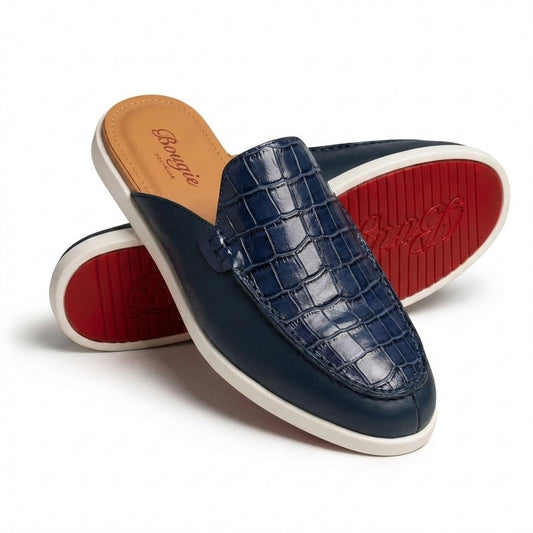 BOUGIES SLIPPER THREE PANEL MIAMI BLUE ON CROCO EMBOSSED NAVY BLUE DEER SKIN