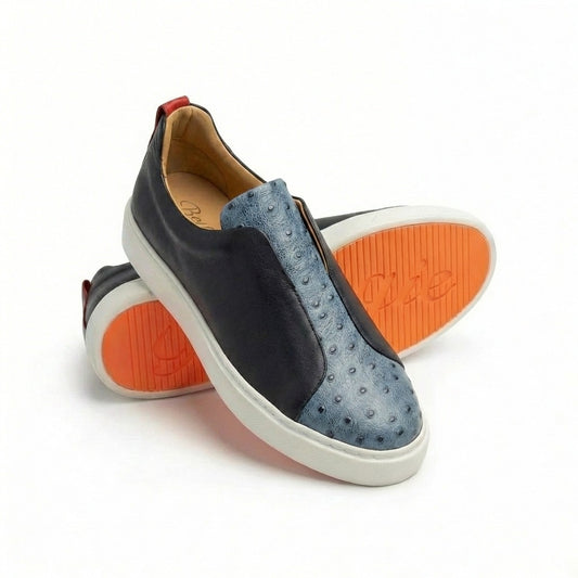 BOUGIES SNEAKERS BLUE OSTRICH EMBOSSED ON NAVY BLUE CALF SKIN