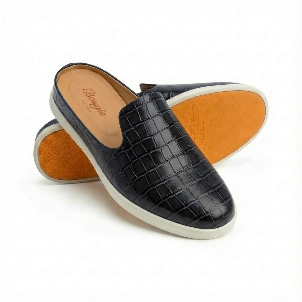 BOUGIES SLIPPER NAVY GREY EMBOSSED CROCO