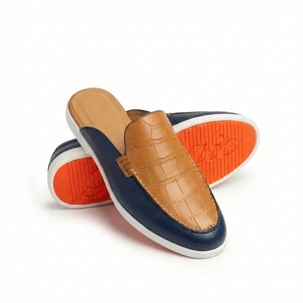 BOUGIES SLIPPERS – THREE PANEL NAVY BLUE DEER SKIN ON EMBOSSED BEIGE CROCO
