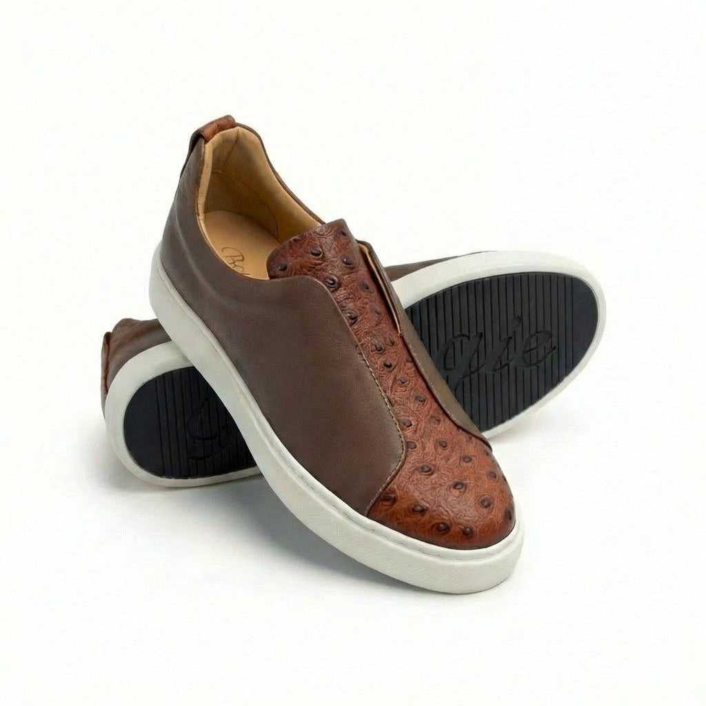 BOUGIES SNEAKERS BROWN DEER SKIN ON BROWN EMBOSSED OSTRICH