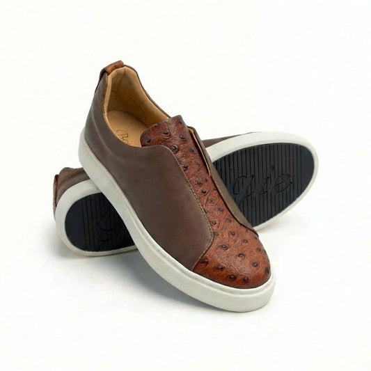BOUGIES SNEAKERS BROWN DEER SKIN ON BROWN EMBOSSED OSTRICH