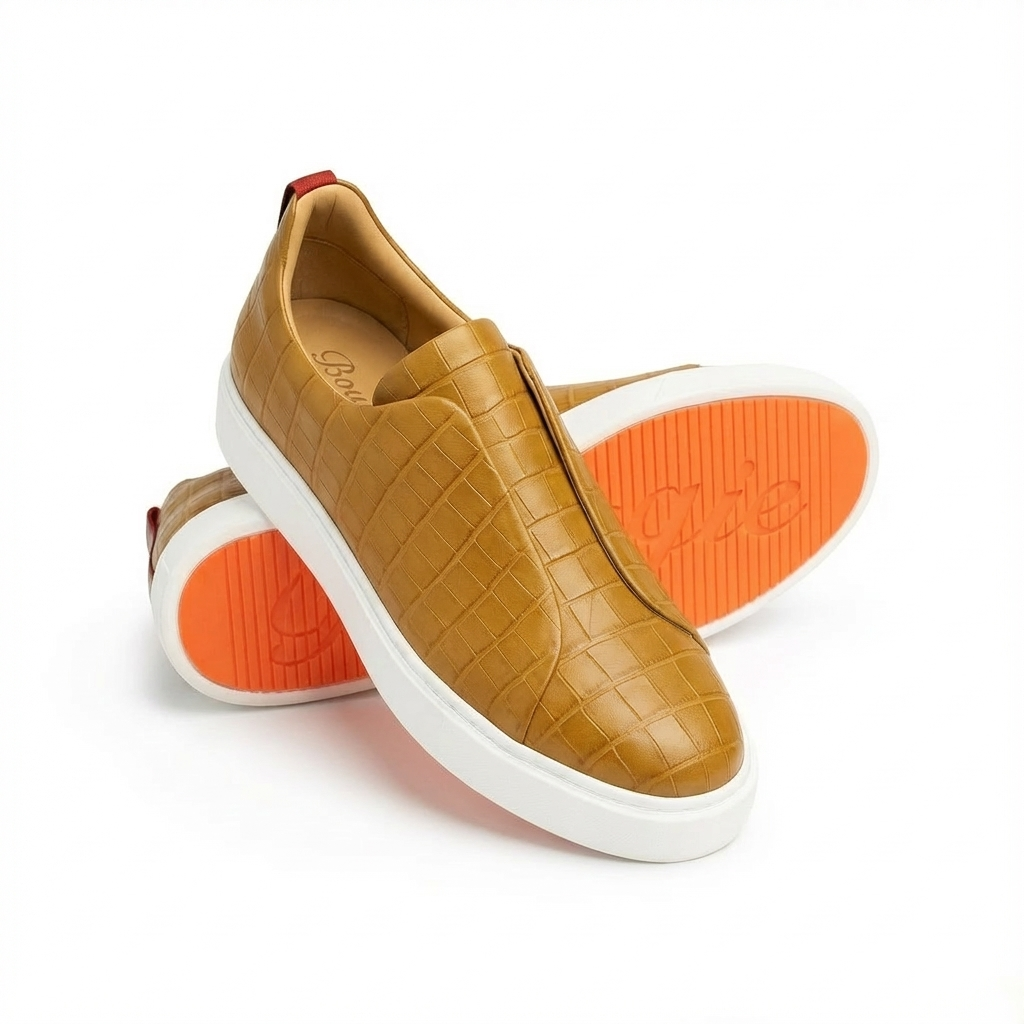 BOUGIES SNEAKERS CASUAL CHIC BROWN CROCO EMBOSSED ORANGE SOLE