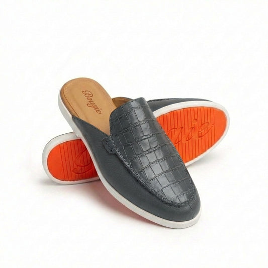 BOUGIES SLIPPERS – THREE PANEL PEBBLED GREY ON CROCO EMBOSSED GREY