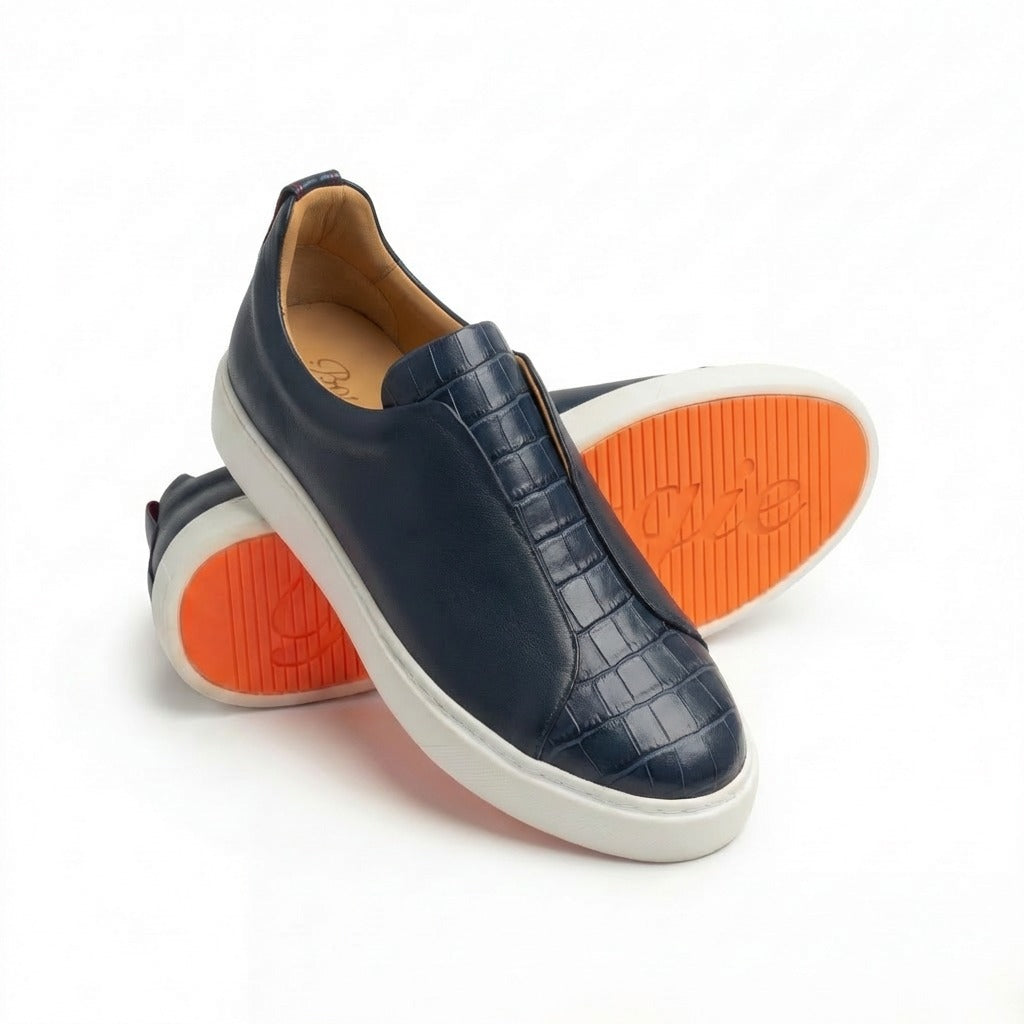 BOUGIES SNEAKER - SOFT DEER SKIN  NAVY BLUE ON NAVY BLUE CROCO EMBOSSED