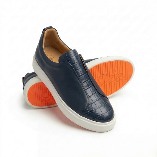 BOUGIES SNEAKER - SOFT DEER SKIN  NAVY BLUE ON NAVY BLUE CROCO EMBOSSED