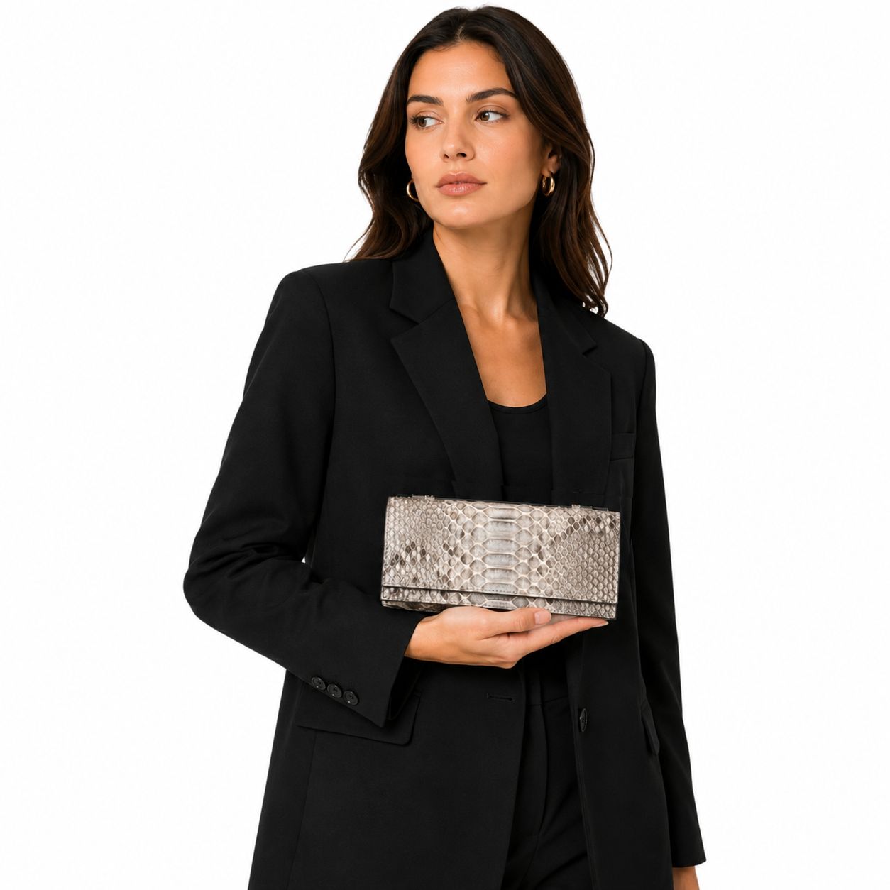 grey python inside blue clutch bag size 20