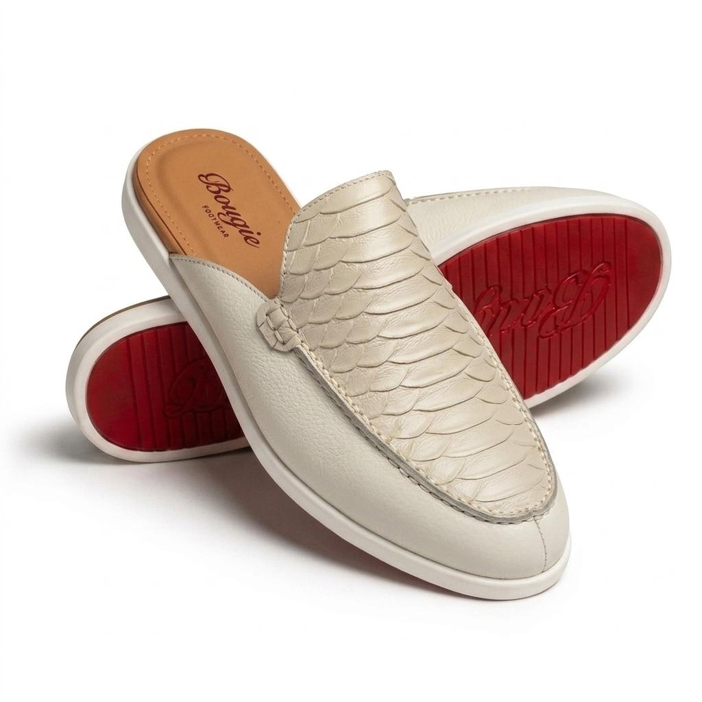 BOUGIES SLIPPER THREE PANEL WHITE PYTHON EMBOSSED ON WHITE CALF SKIN