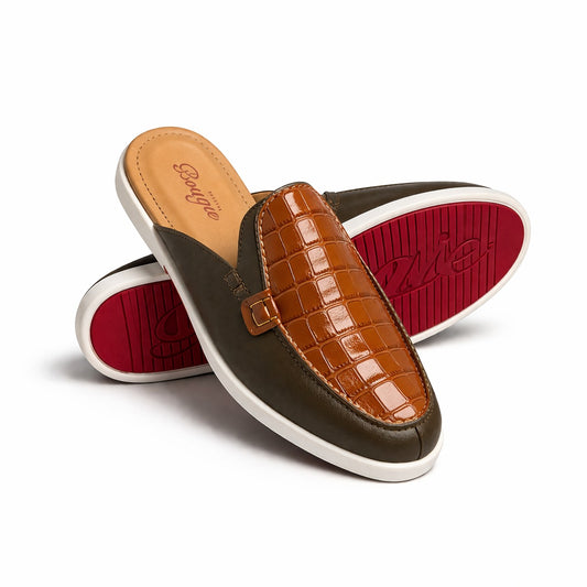 BOUGIES SLIPPER - 3 PANEL HAVANA BROWN EMBOSSED CROCO ON DARK BROWN DEER SKIN