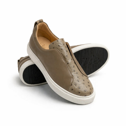 BOUGIES SNEAKERS BEIGE DEER SKIN ON BEIGE EMBOSSED OSTRICH