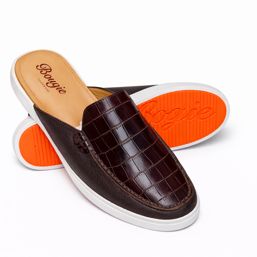 BOUGIES SLIPPERS – THREE PANEL DARK BROWN PEBBLED SOFT SKIN ON DARK BROWN CROCO EMBOSSED
