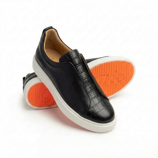 BOUGIES SNEAKERS - BLACK DEER SKIN ON BLACK CROCO EMBOSSED