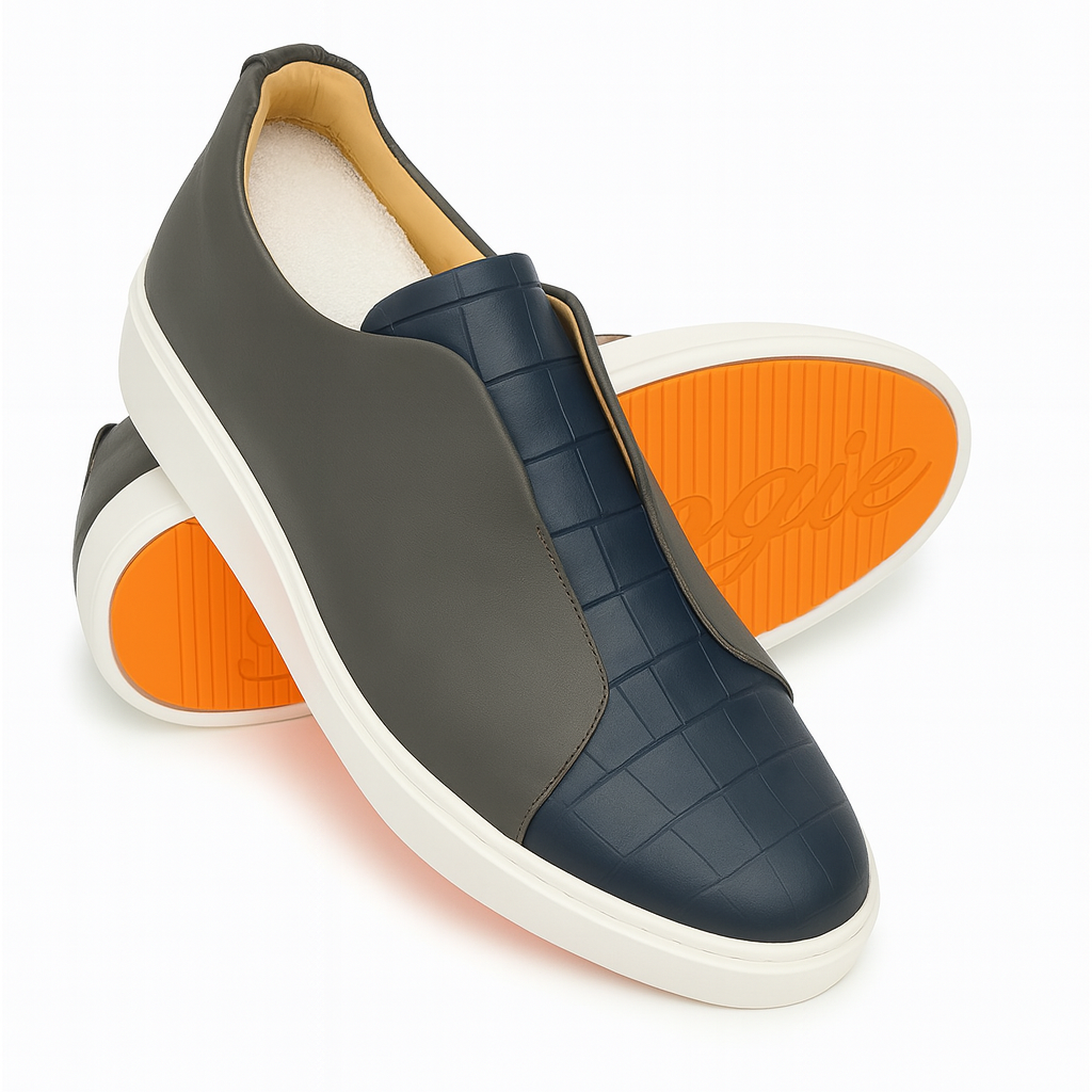 BOUGIES SNEAKER - SOFT DEER SKIN  GREY ON NAVY BLUE CROCO EMBOSSED