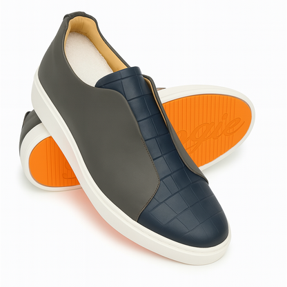 BOUGIES SNEAKER - SOFT DEER SKIN  GREY ON NAVY BLUE CROCO EMBOSSED
