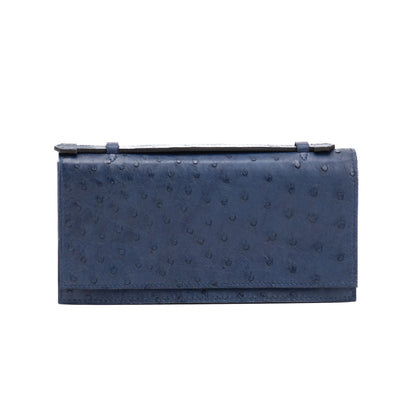 blue ostrich with sky blue clutch bag