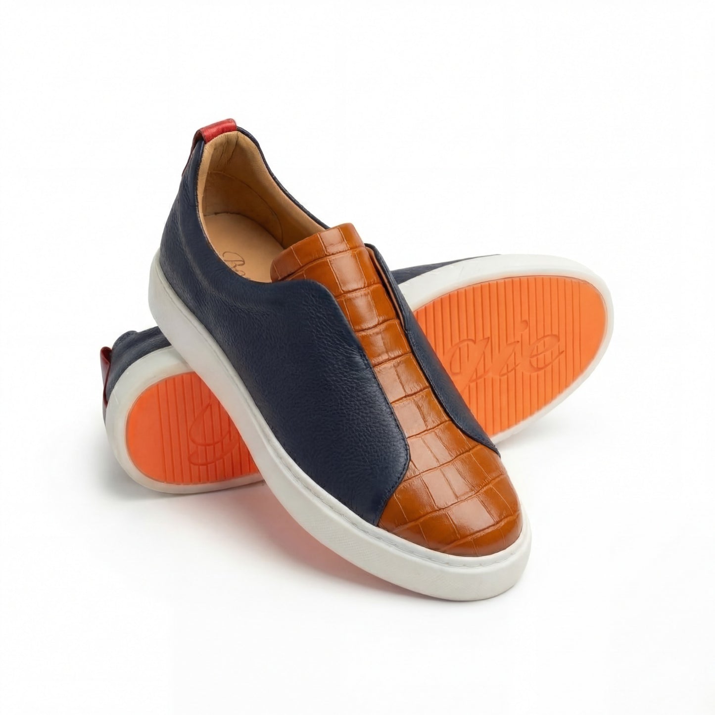 BOUGIES SNEAKERS – NAVY BLUE ON ORANGE CROCO EMBOSSED