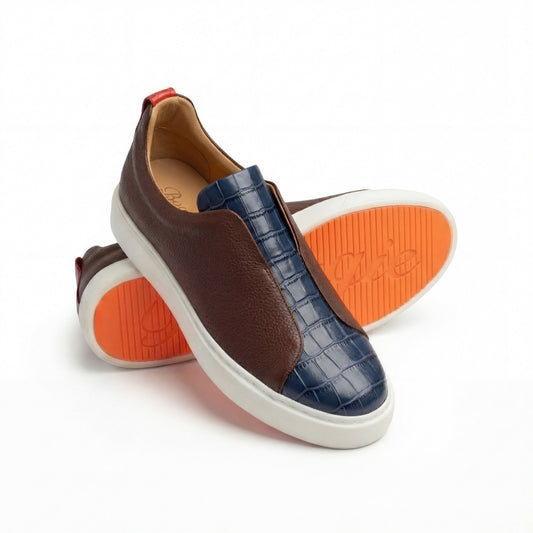 BOUGIES SNEAKERS – BROWN ON NAVY BLUE CROCO EMBOSSED