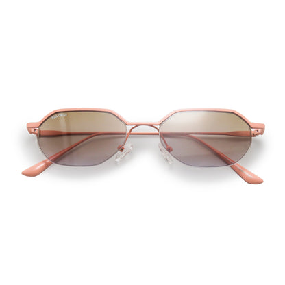 FC 2026 - 385, peach pink frame with brown gradient lenses, front view with folded temples