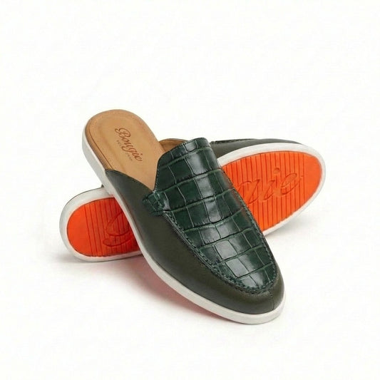 BOUGIES SLIPPERS – THREE PANEL DEER SKIN OLIVE ON CROCO EMBOSSED GREEN