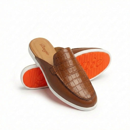 BOUGIES SLIPPERS – THREE PANEL PEBBLED SOFT SKIN BROWN ON CROCO EMBOSSED BROWN