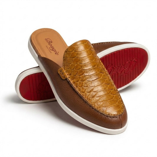 BOUGIES SLIPPER THREE PANEL CARAMEL PYTHON EMBOSSED ON LIGHT BROWN CALF SKIN