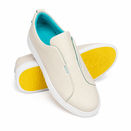 Bougies Ref.m.0068 ivory slip-on sneakers with turquoise accents — front and yellow outsole view