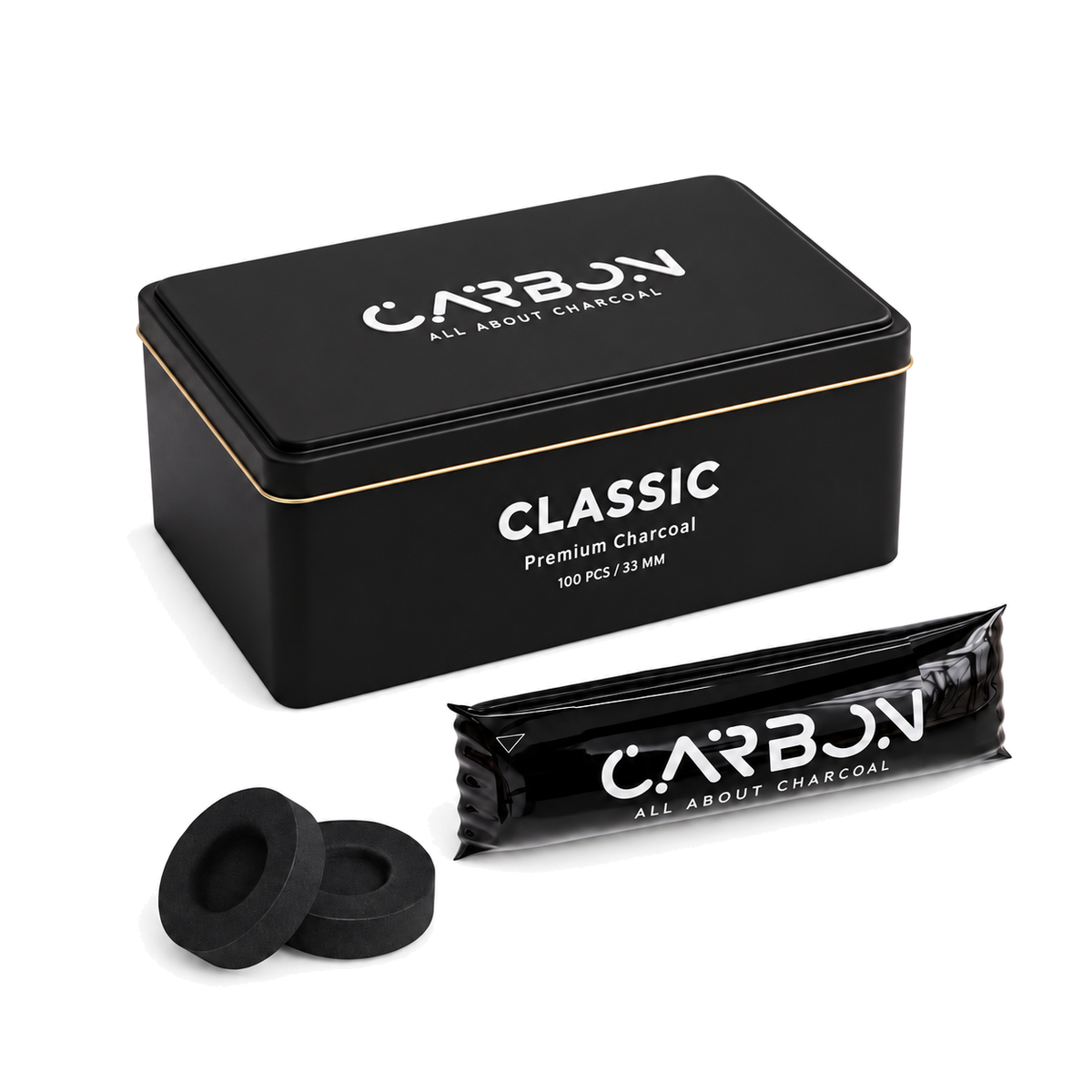 Carbon CLASSIC charcoal tin, sleeve and charcoal pieces on a pure white background