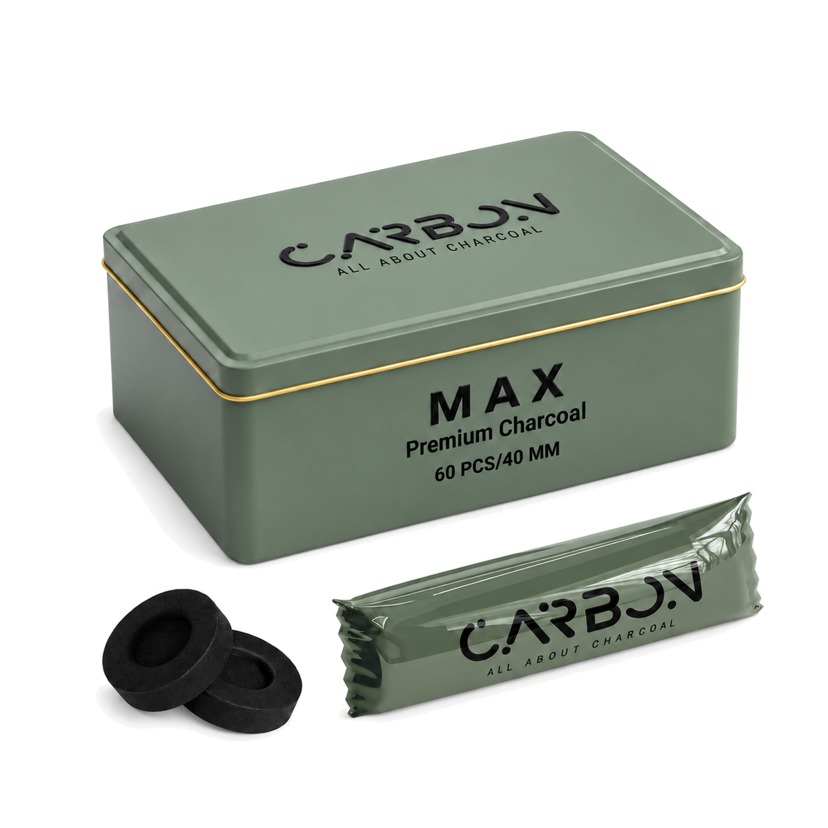 Carbon MAX charcoal tin, sleeve and charcoal pieces on a pure white background