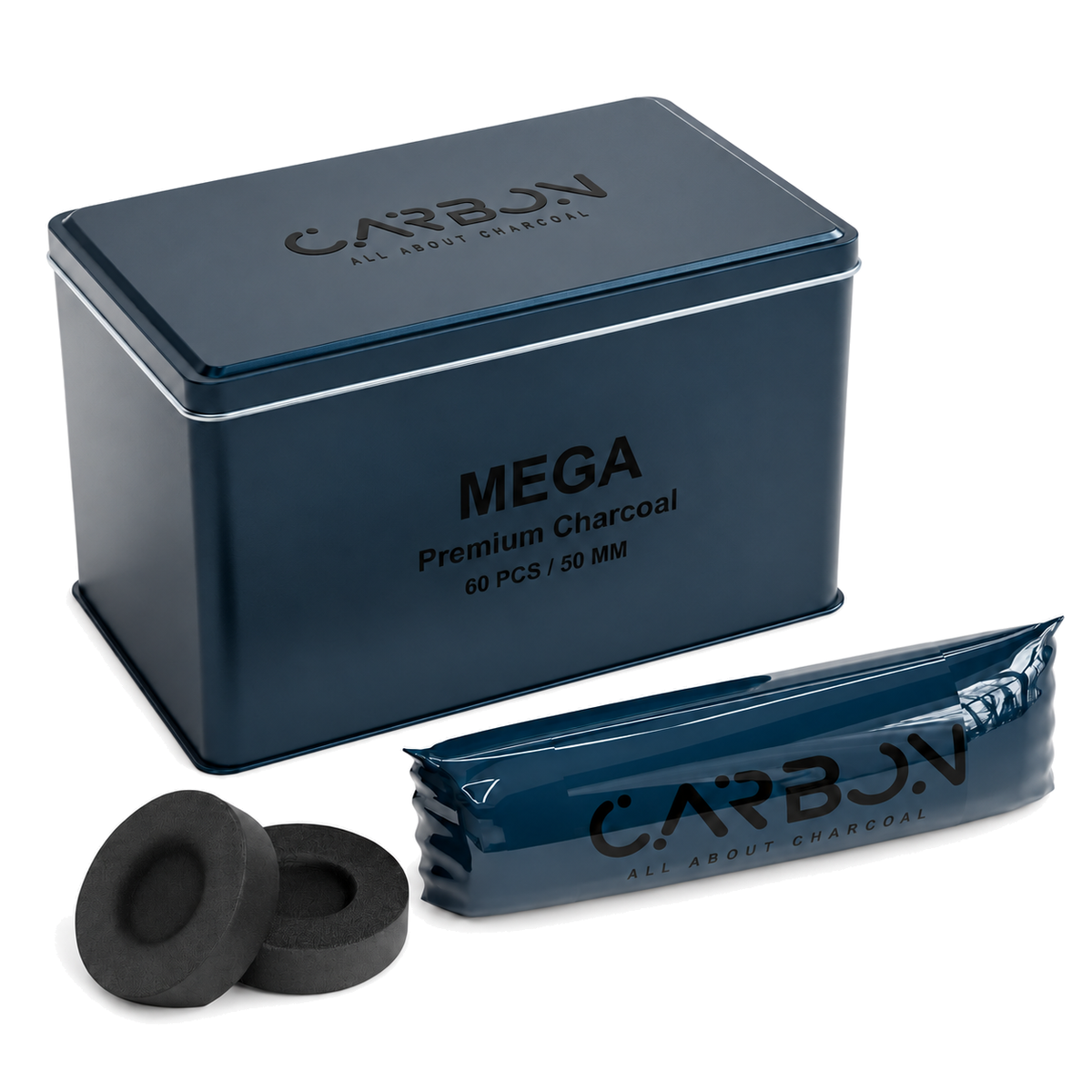 Carbon MEGA charcoal tin, sleeve and charcoal pieces on a pure white background