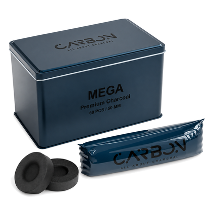 Carbon MEGA charcoal tin, sleeve and charcoal pieces on a pure white background