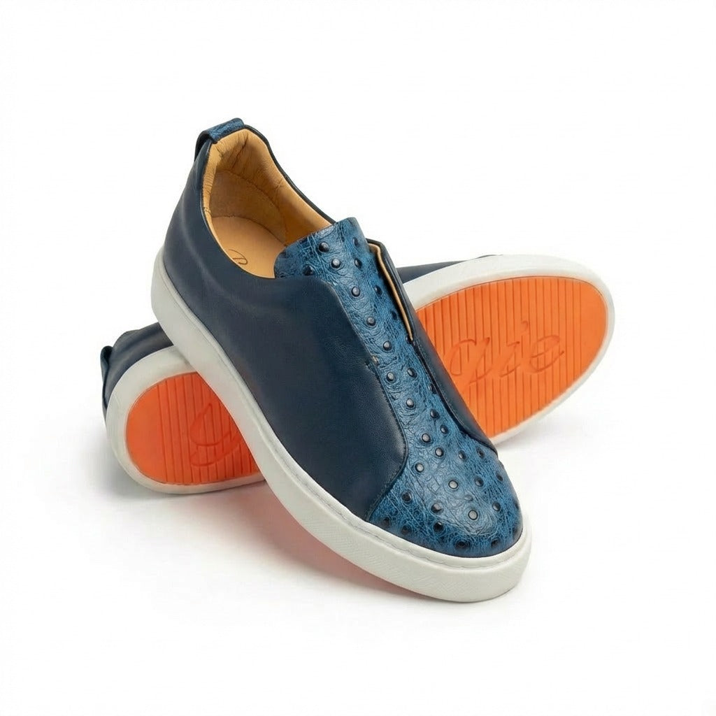 BOUGIES SNEAKERS BLUE OSTRICH EMBOSSED ON LIGHT NAVY BLUE DEER SKIN