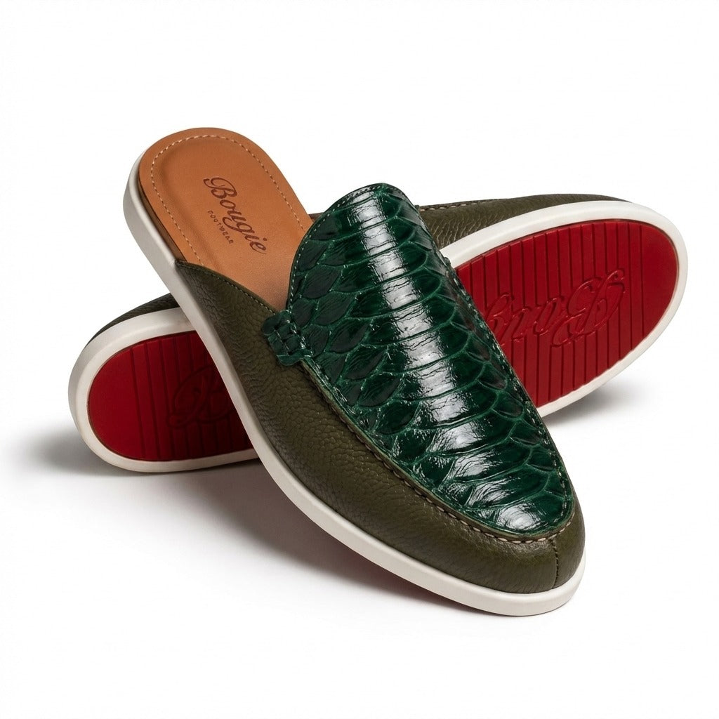 BOUGIES SLIPPER 3 PANEL  EMERALD GREEN PYHTON EMBOSSED ON ARMY GREEN