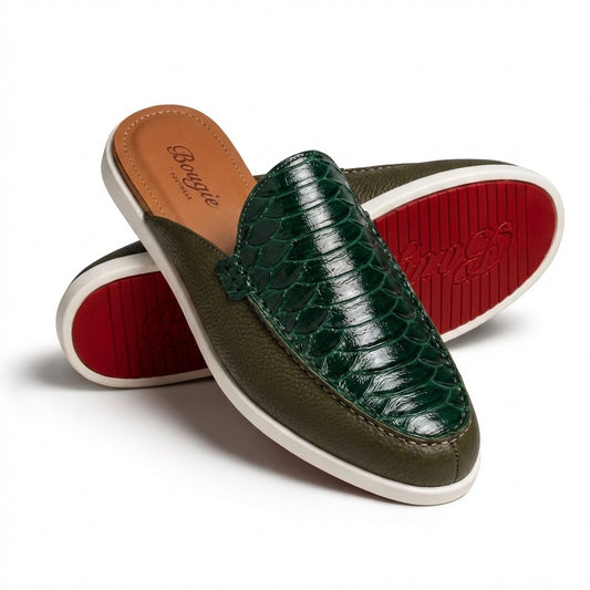 BOUGIES SLIPPER 3 PANEL  EMERALD GREEN PYHTON EMBOSSED ON ARMY GREEN