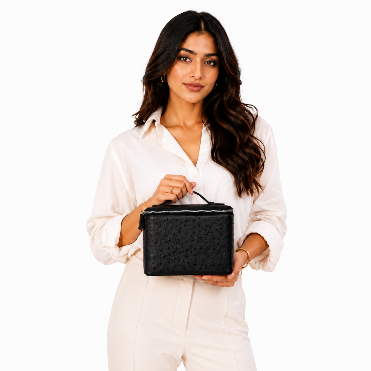 large vanity zipper case black ostrich