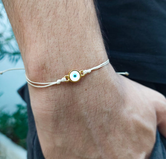 BEIGE THREAD WITH WHITE-GOLD EVIL EYE BRACELET