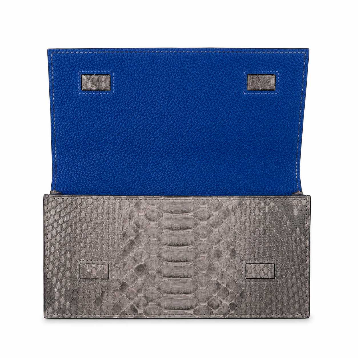 grey python inside blue clutch bag size 20