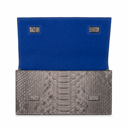 grey python inside blue clutch bag size 20