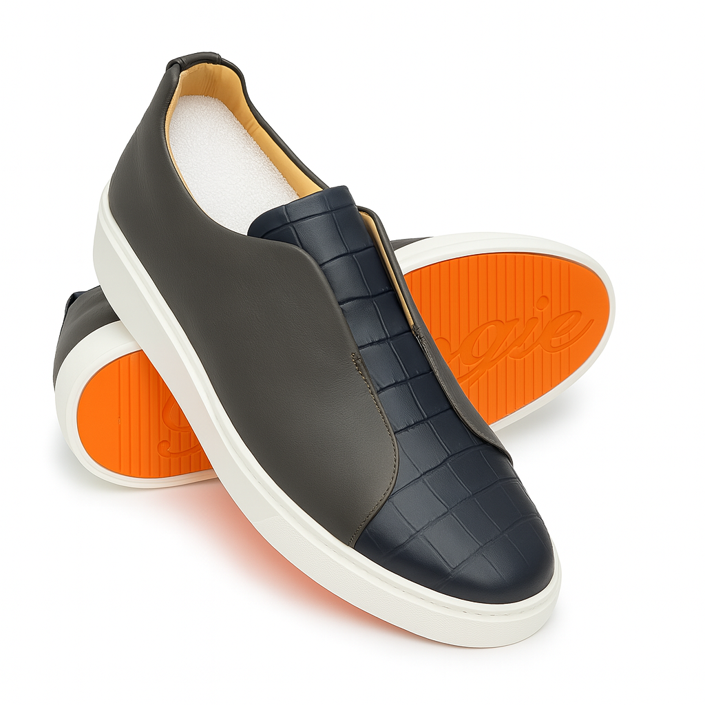 BOUGIES SNEAKER - SOFT DEER SKIN  GREY ON NAVY BLUE CROCO EMBOSSED