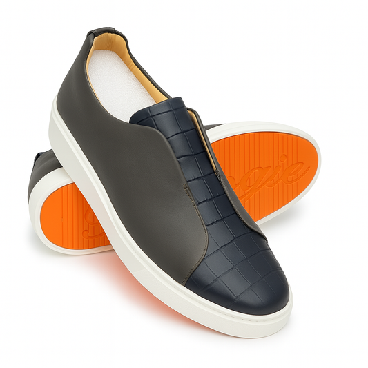 BOUGIES SNEAKER - SOFT DEER SKIN  GREY ON NAVY BLUE CROCO EMBOSSED